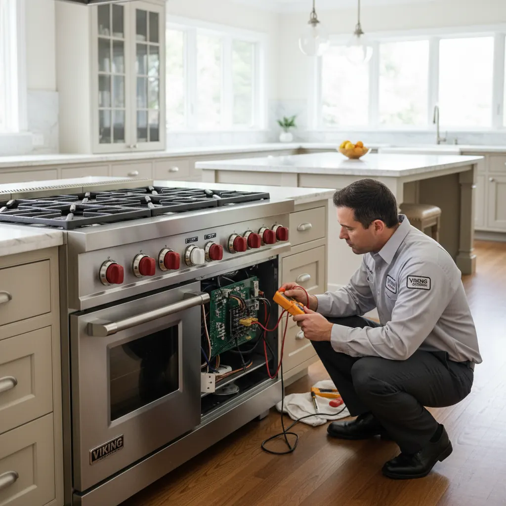 Technician repairing premium Viking range